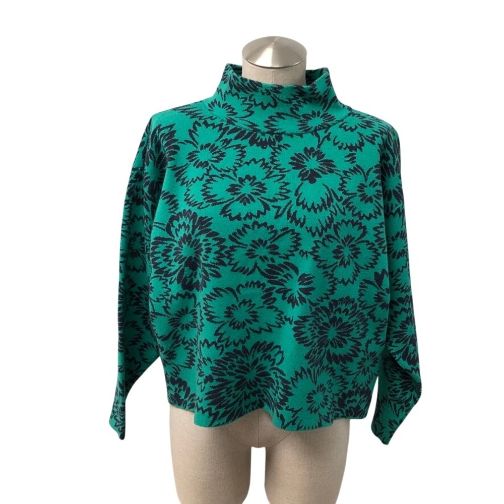 Maeve Anthropologie Sweater Womens Small Green Black Floral Mock Neck Boxy